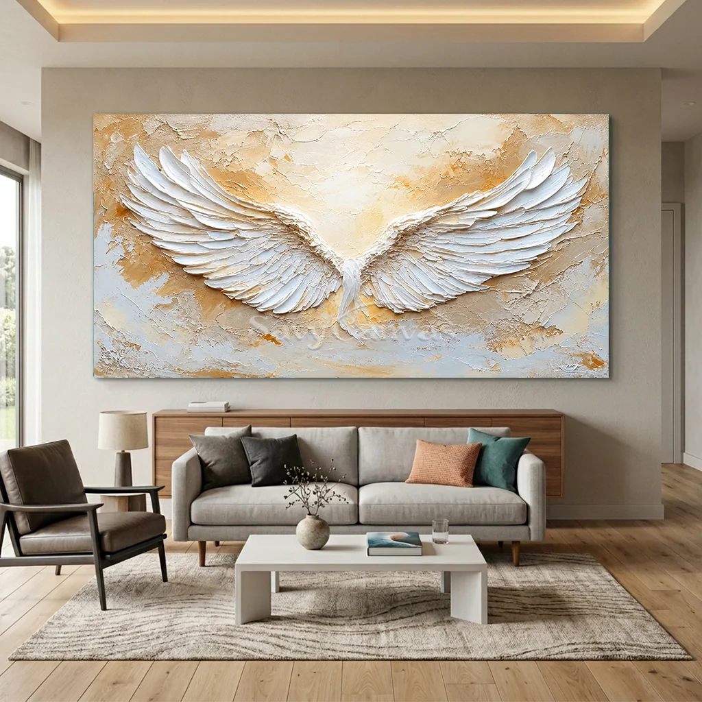 Large Abstract Angel Wings Painting | White Textured Wall Art for Room Decor #ZZ 144