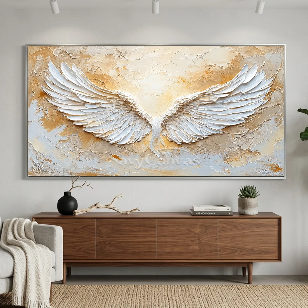 Large Abstract Angel Wings Painting | White Textured Wall Art for Room Decor #ZZ 144