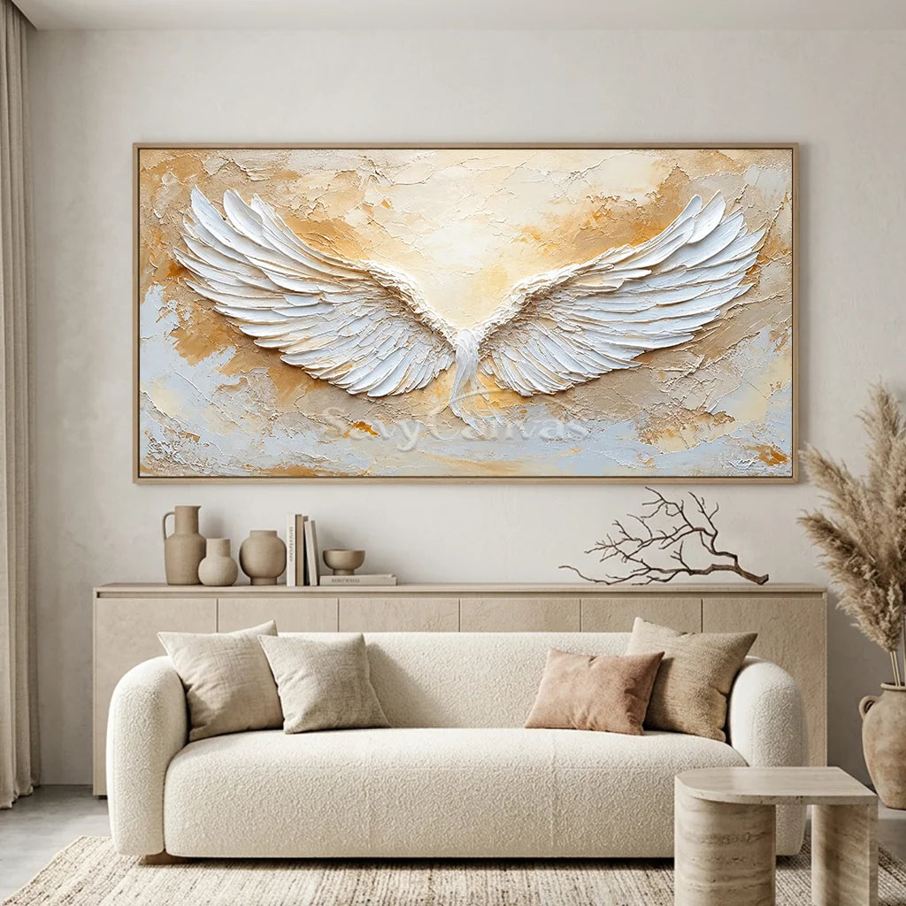 Large Abstract Angel Wings Painting | White Textured Wall Art for Room Decor #ZZ 144