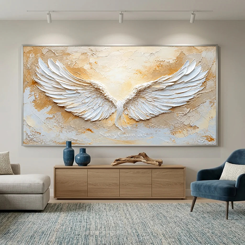 Large Abstract Angel Wings Painting | White Textured Wall Art for Room Decor #ZZ 144