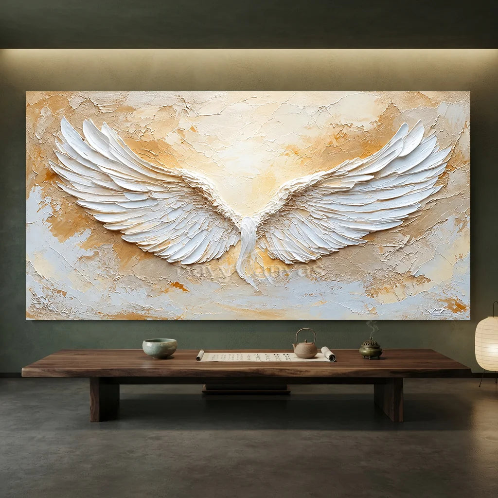 Large Abstract Angel Wings Painting | White Textured Wall Art for Room Decor #ZZ 144