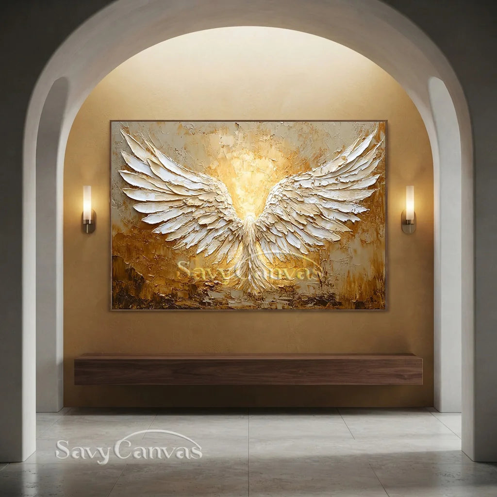 White and Gold Textured Painting | Large Angel Wings Wall Art #ZZ 148