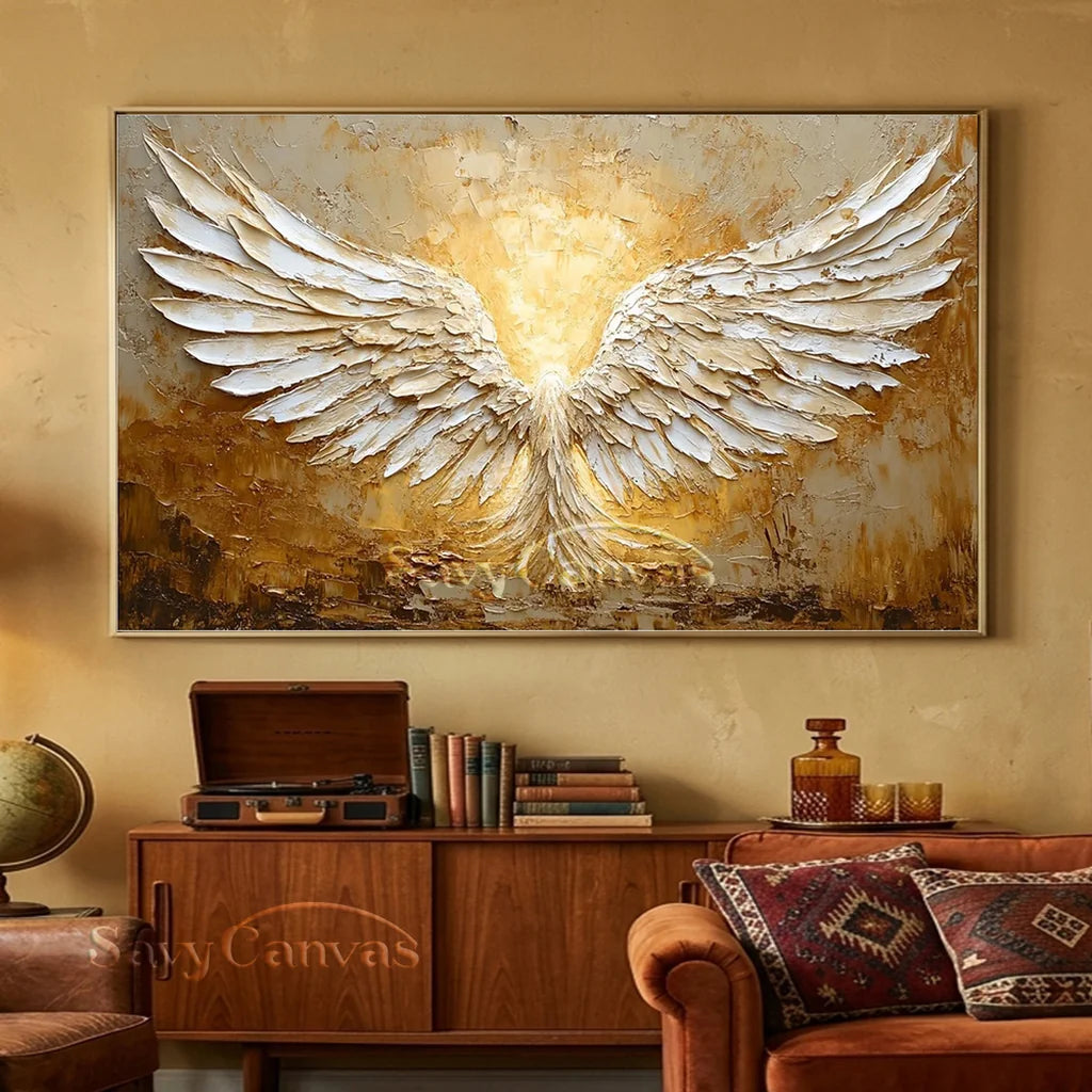 White and Gold Textured Painting | Large Angel Wings Wall Art #ZZ 148