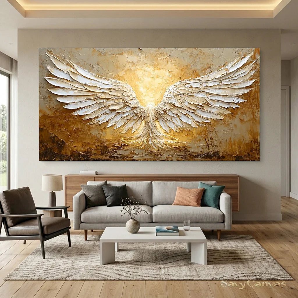 White and Gold Textured Painting | Large Angel Wings Wall Art #ZZ 148