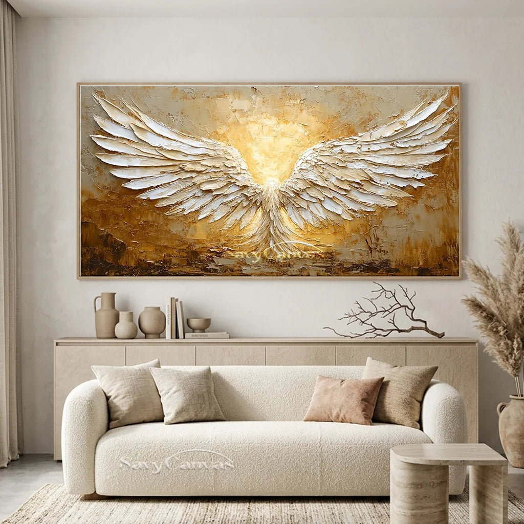 White and Gold Textured Painting | Large Angel Wings Wall Art #ZZ 148