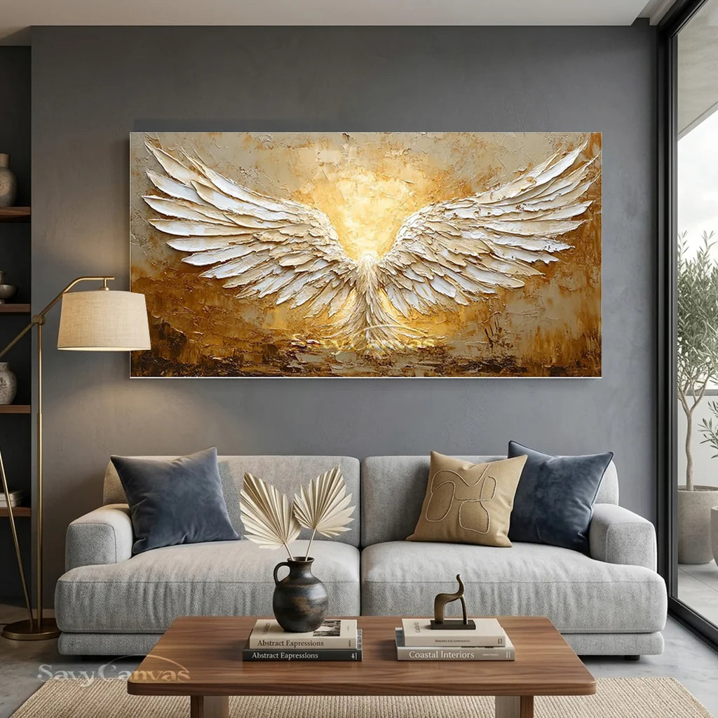 White and Gold Textured Painting | Large Angel Wings Wall Art #ZZ 148
