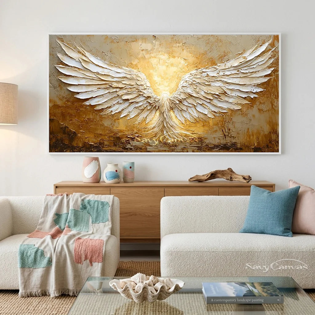 White and Gold Textured Painting | Large Angel Wings Wall Art #ZZ 148
