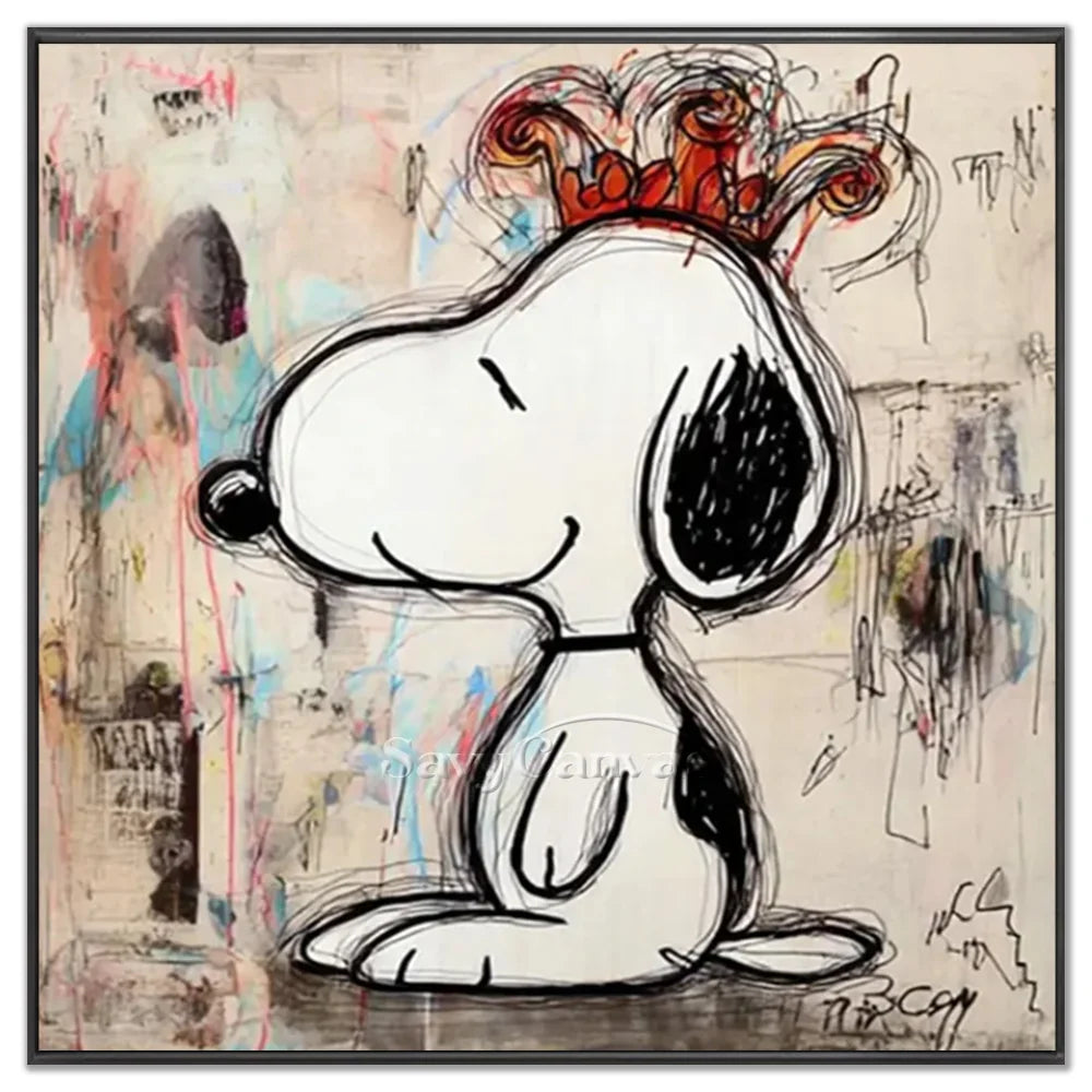 Hand-painted pop art graffiti Crown Snoopy oil painting on canvas by Savy Canvas, featuring the iconic cartoon character wearing a red crown against a vibrant, textured street art background. Modern wall decor, ready to hang.