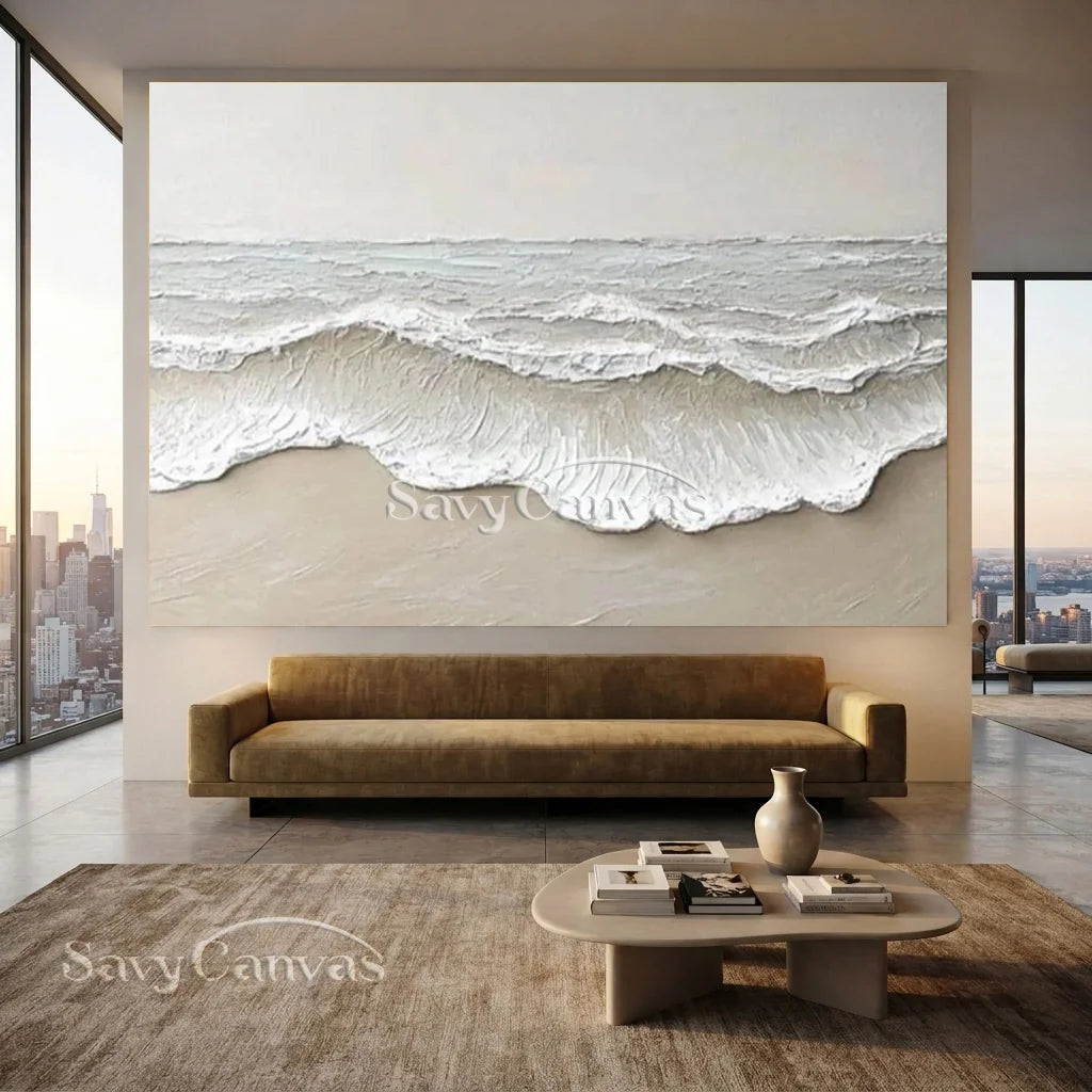 Large Textured Beach Wall Art | Neutral Abstract Ocean Wave Canvas #ZZ 081