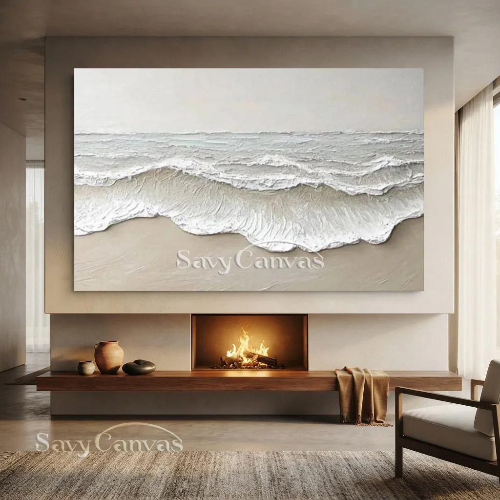 Large Textured Beach Wall Art | Neutral Abstract Ocean Wave Canvas #ZZ 081