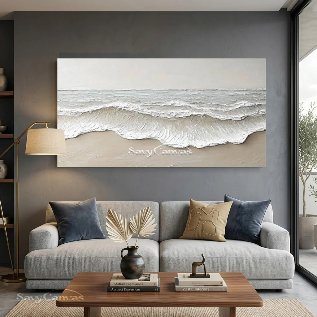 Large Textured Beach Wall Art | Neutral Abstract Ocean Wave Canvas #ZZ 081