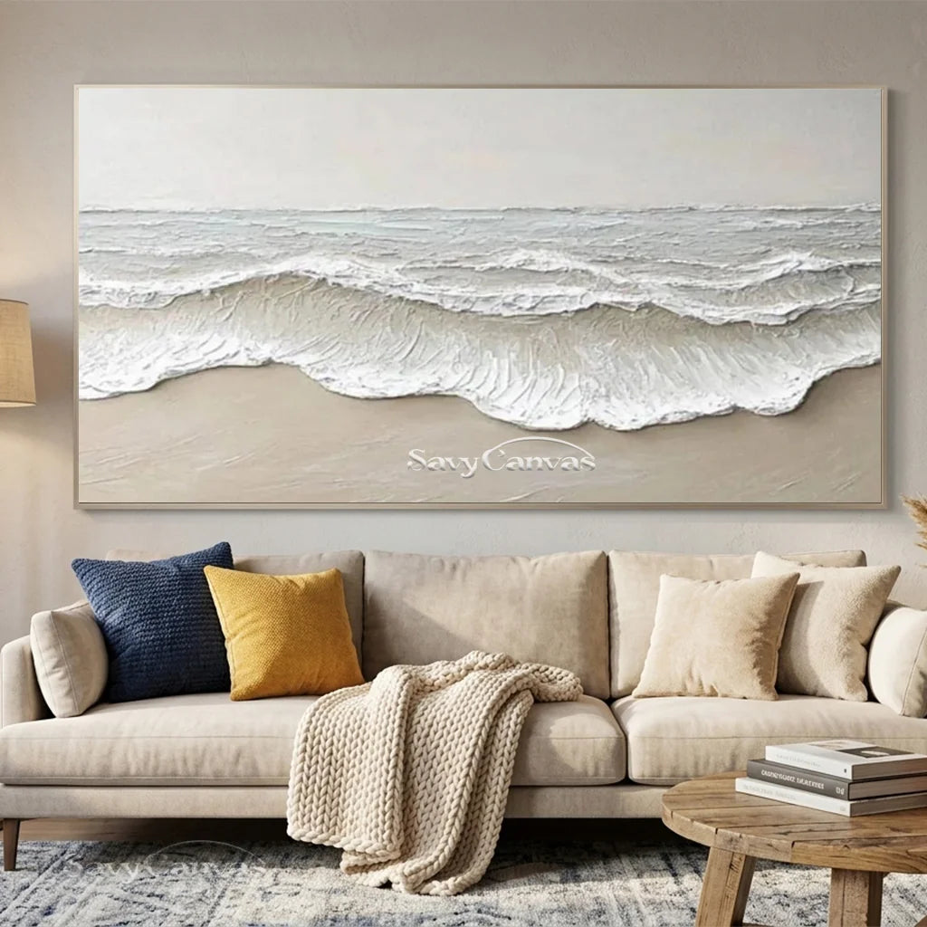 Large Textured Beach Wall Art | Neutral Abstract Ocean Wave Canvas #ZZ 081