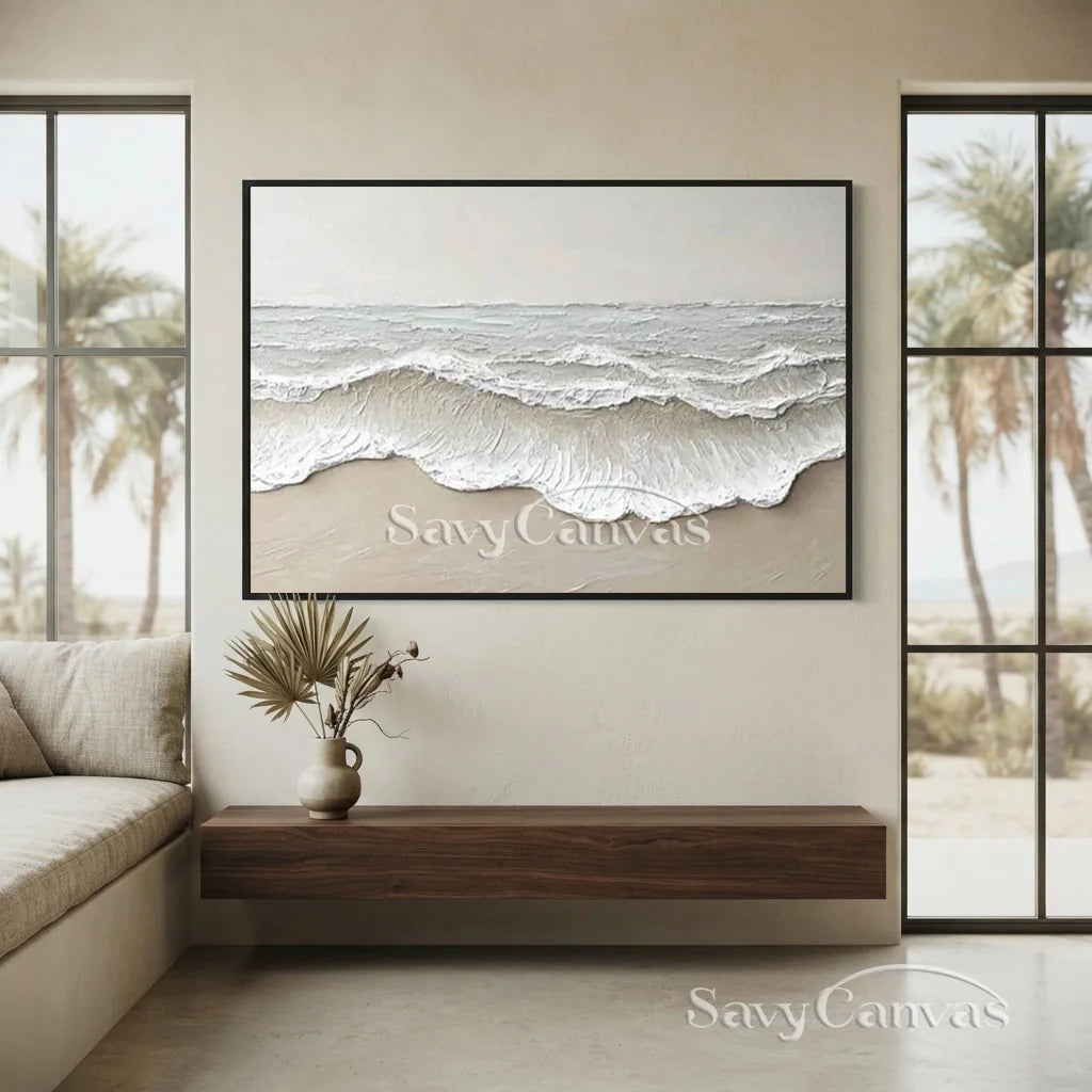 Large Textured Beach Wall Art | Neutral Abstract Ocean Wave Canvas #ZZ 081