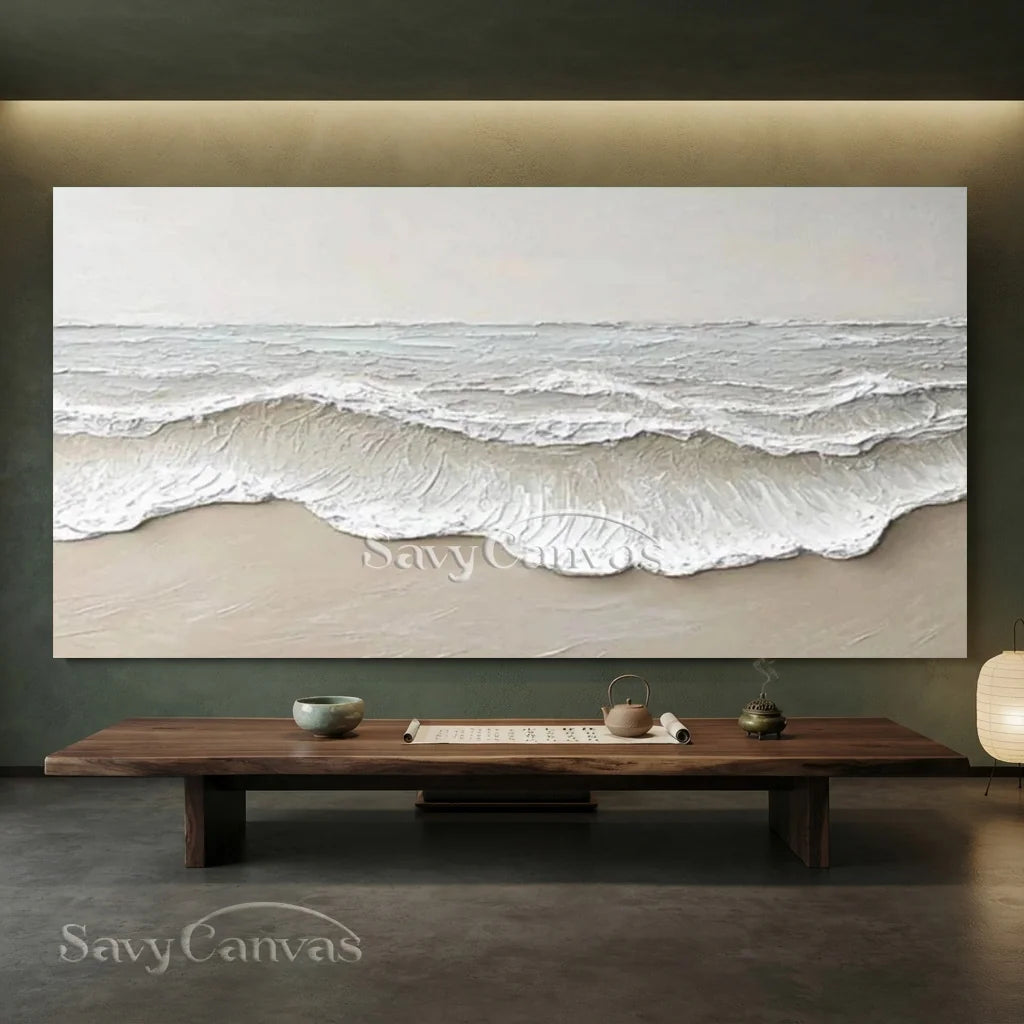 Large Textured Beach Wall Art | Neutral Abstract Ocean Wave Canvas #ZZ 081