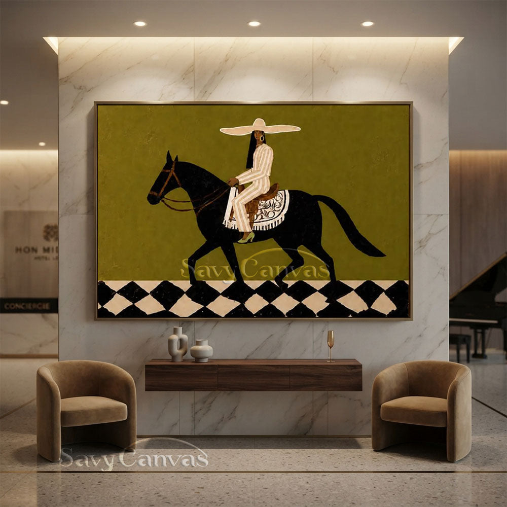 Vintage Abstract Equestrian Handmade Oil Painting Olive Green #ZC 022