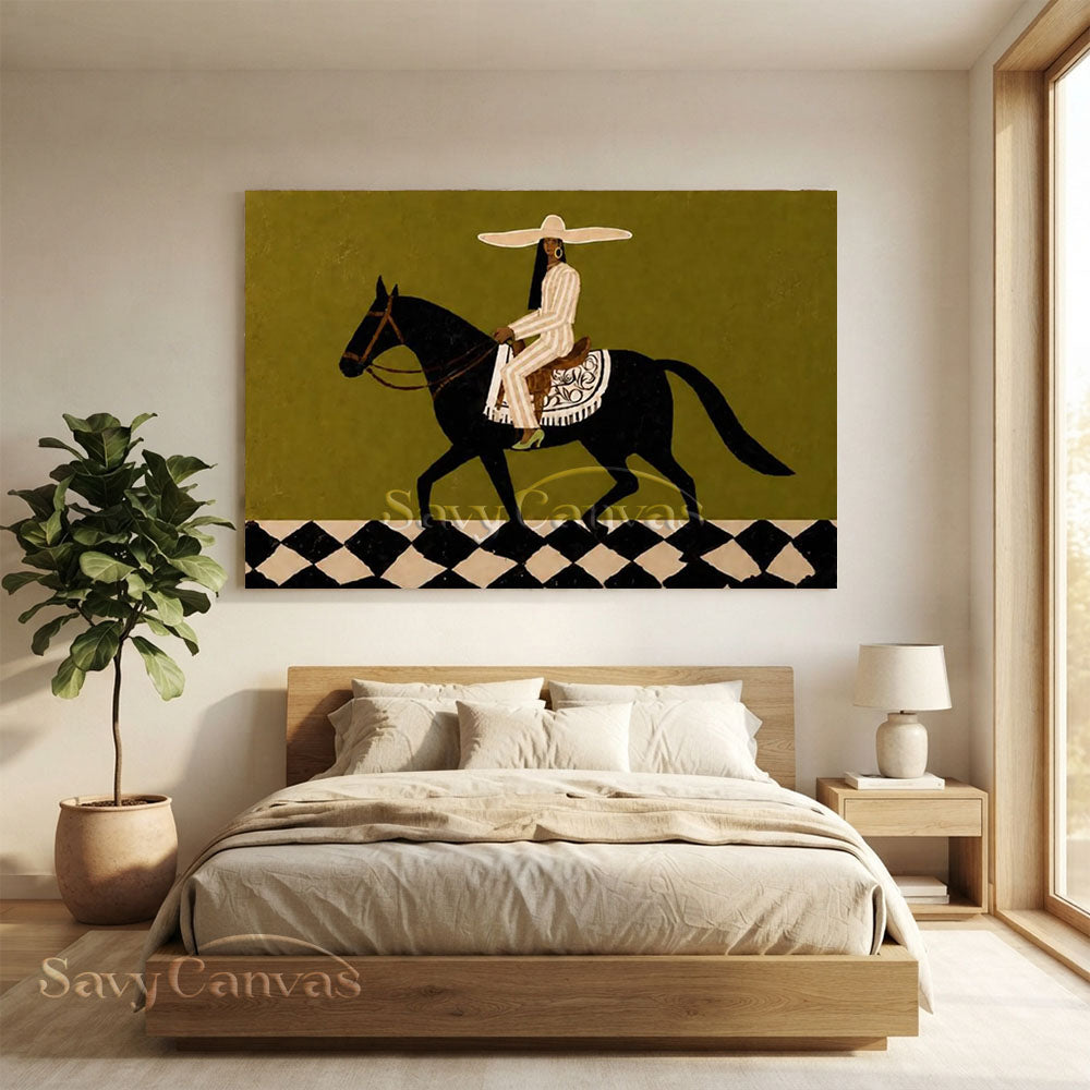 Vintage Abstract Equestrian Handmade Oil Painting Olive Green #ZC 022