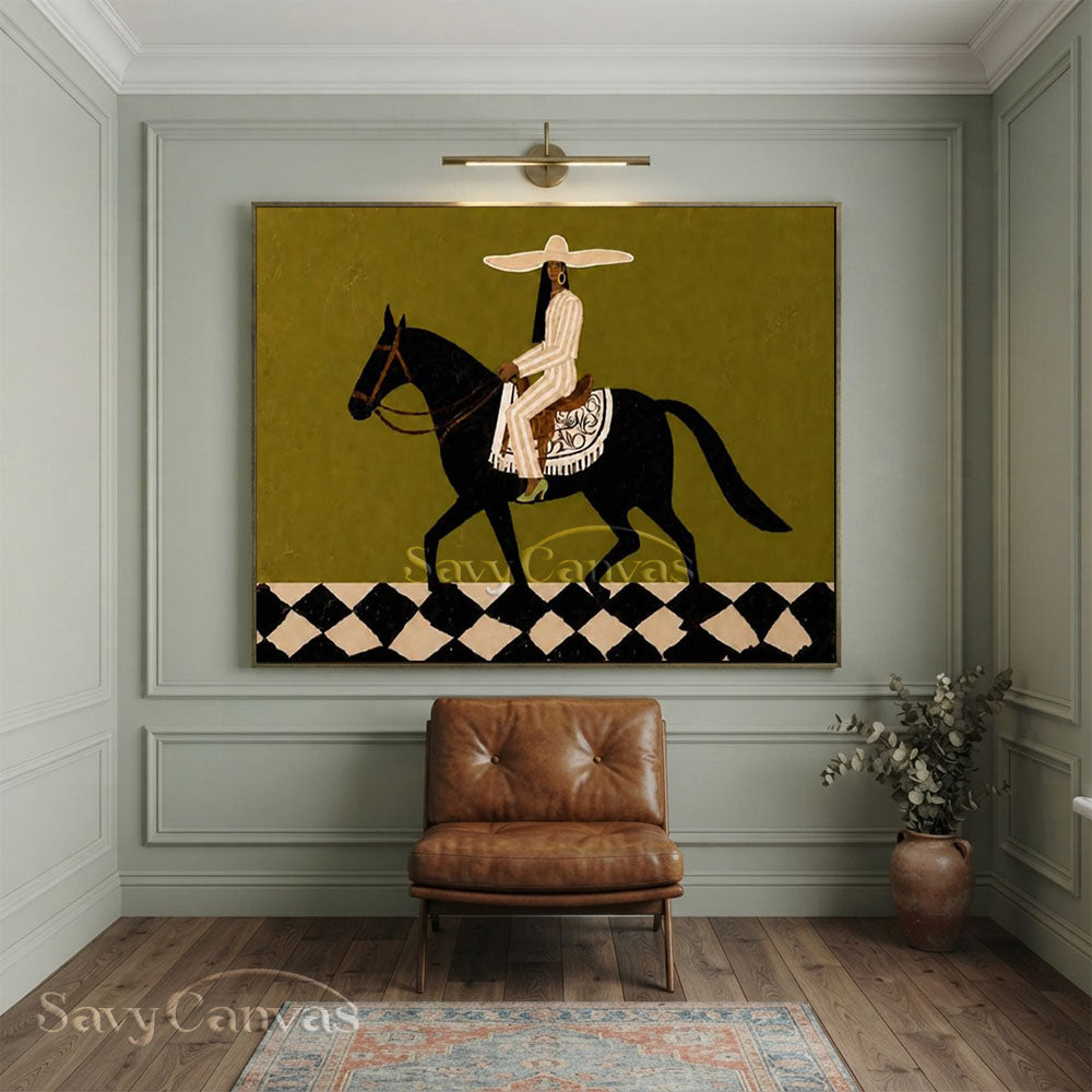 Vintage Abstract Equestrian Handmade Oil Painting Olive Green #ZC 022
