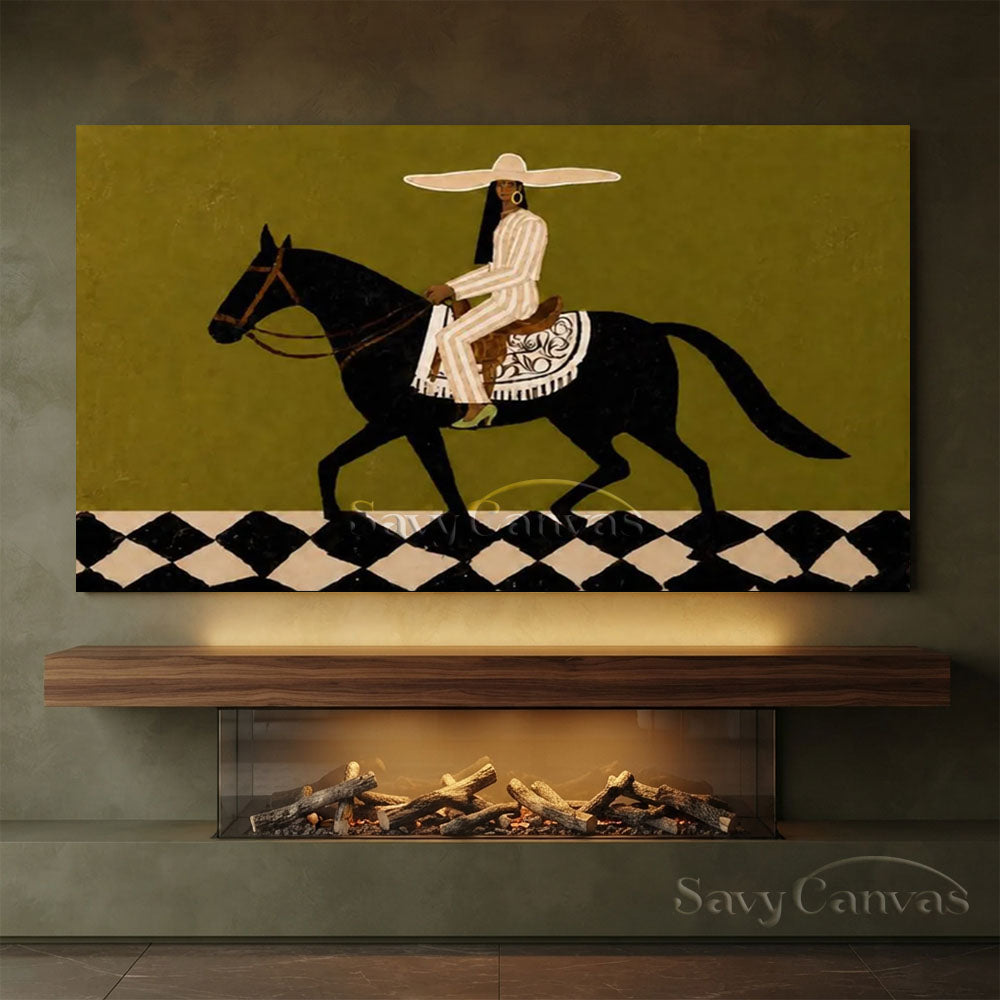 Vintage Abstract Equestrian Handmade Oil Painting Olive Green #ZC 022