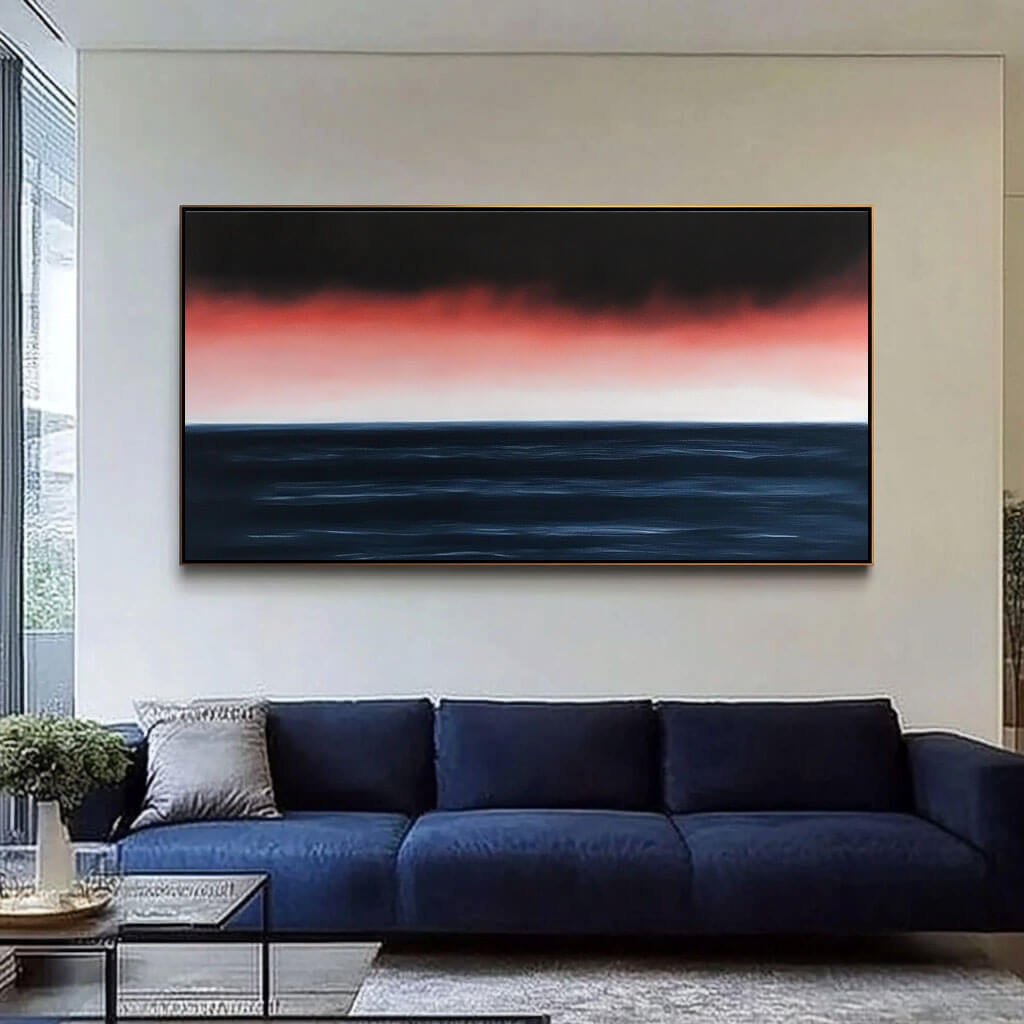 Panoramic Sunset Seascape Canvas Wall Art | Red & Navy Horizon #AA 331