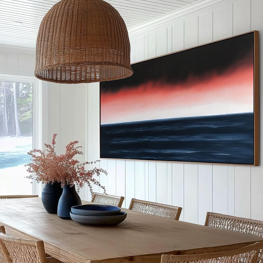 Panoramic Sunset Seascape Canvas Wall Art | Red & Navy Horizon #AA 331