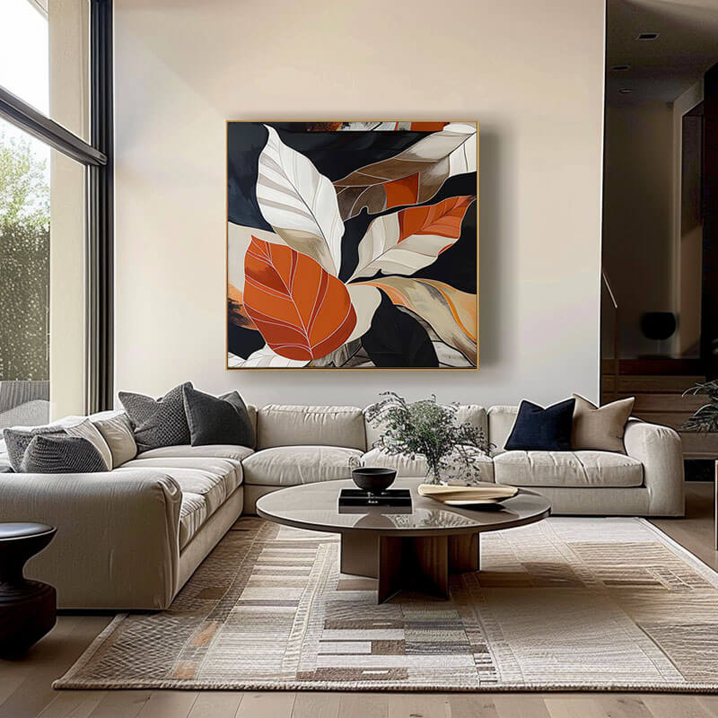 Abstract Leaf Art | Orange, Black & White Painting #AA 063