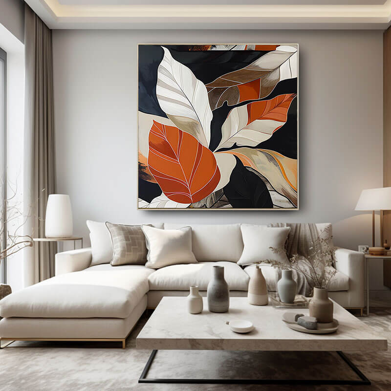 Abstract Leaf Art | Orange, Black & White Painting #AA 063