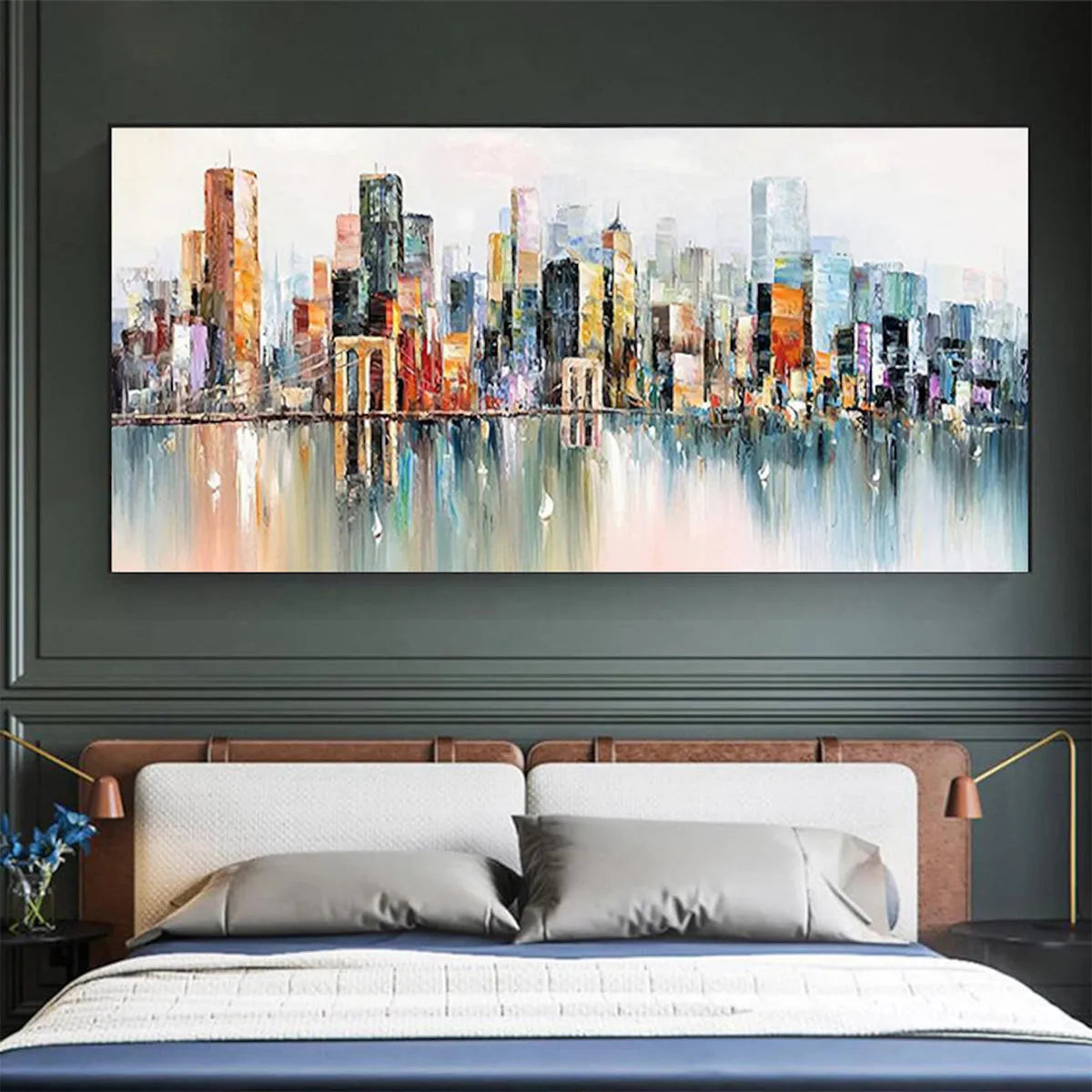 Vibrant City Skyline Painting | Colorful Reflections Wall Art