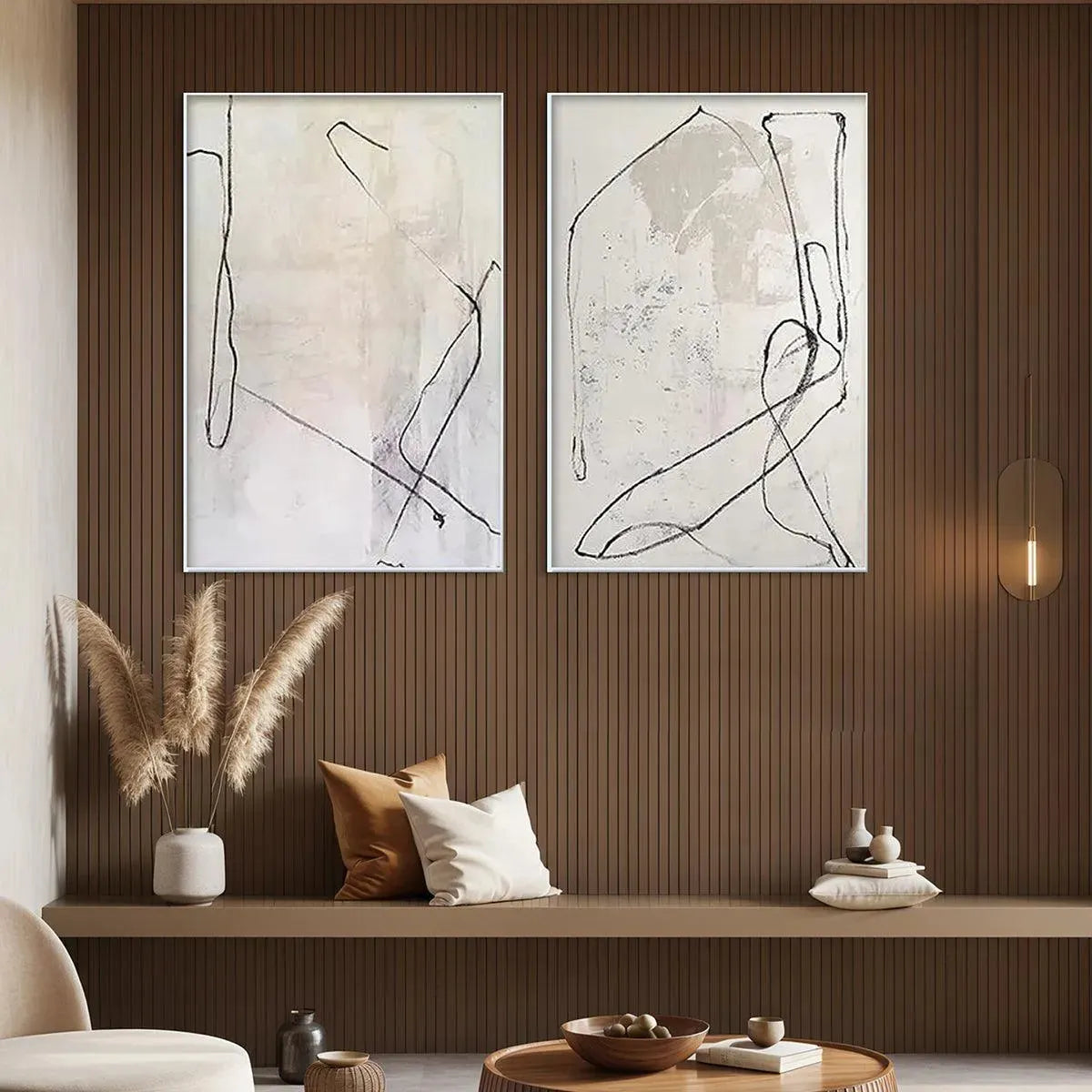 Japandi Style Wall Art Set of 2 | Abstract Line Painting