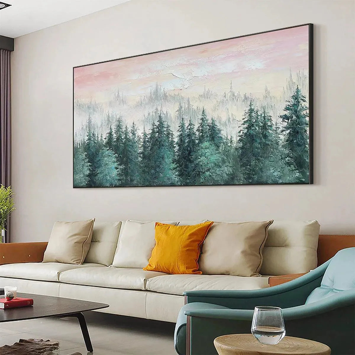 Pink Sky & Green Forest Canvas Wall Art | Panoramic Landscape #AA 333