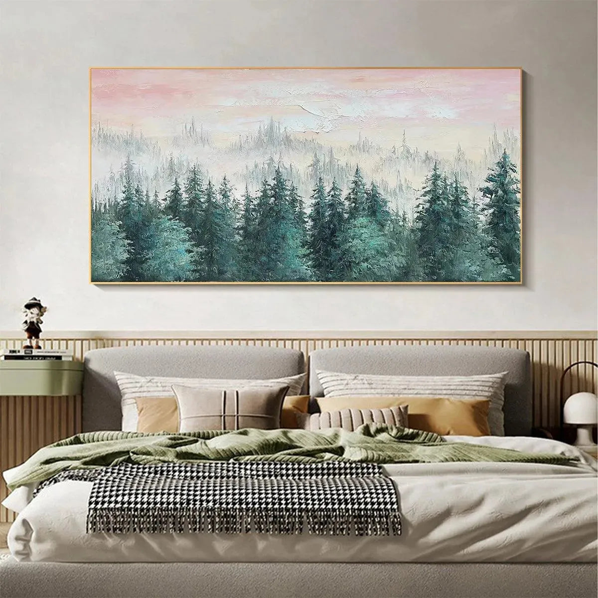 Pink Sky & Green Forest Canvas Wall Art | Panoramic Landscape #AA 333
