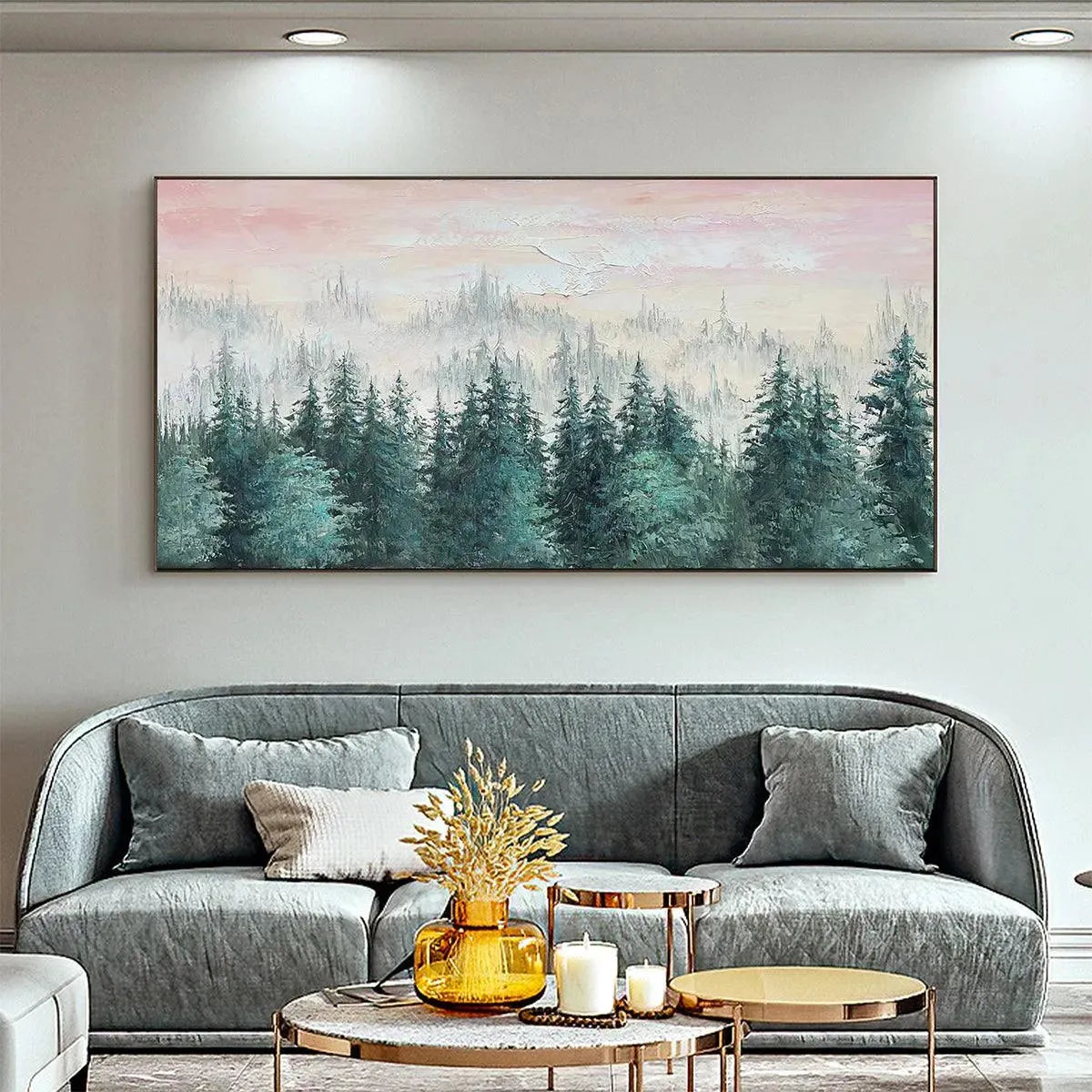 Pink Sky & Green Forest Canvas Wall Art | Panoramic Landscape #AA 333