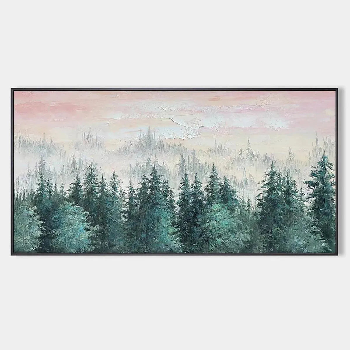 Pink Sky & Green Forest Canvas Wall Art | Panoramic Landscape #AA 333