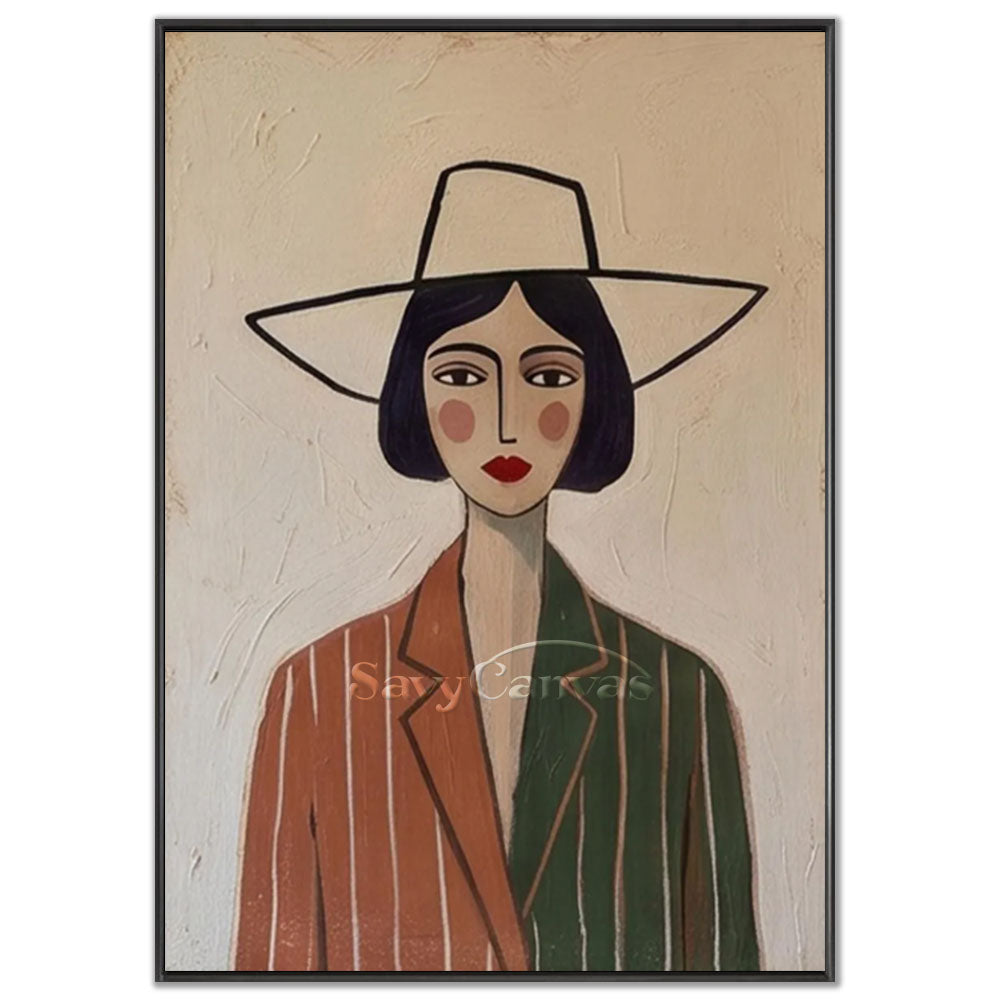 A 100% handmade modernist abstract oil painting with a textured cream backdrop, depicting a minimalist portrait of an elegant woman with a bob haircut wearing a large wide-brimmed hat and an asymmetrical striped blazer in orange-brown and dark green.