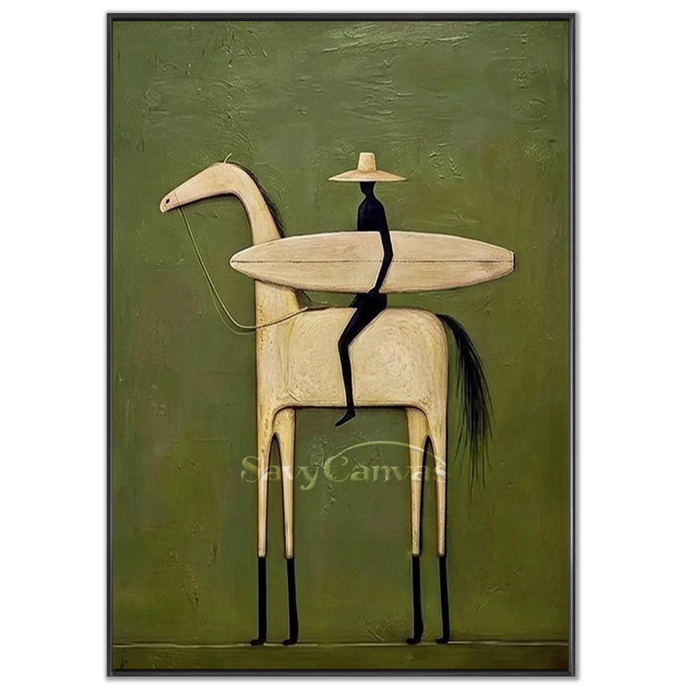 A 100% handmade modernist abstract oil painting with a heavy textured sage green backdrop, depicting a minimalist black silhouette silhouette rider wearing a wide straw hat and carrying a cream-colored surfboard while riding an elongated white horse with black lower legs.