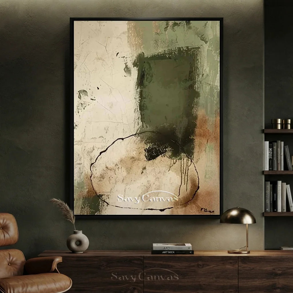Minimalist Beige and Green Wabi Sabi Art for Contemporary Design #TC 021