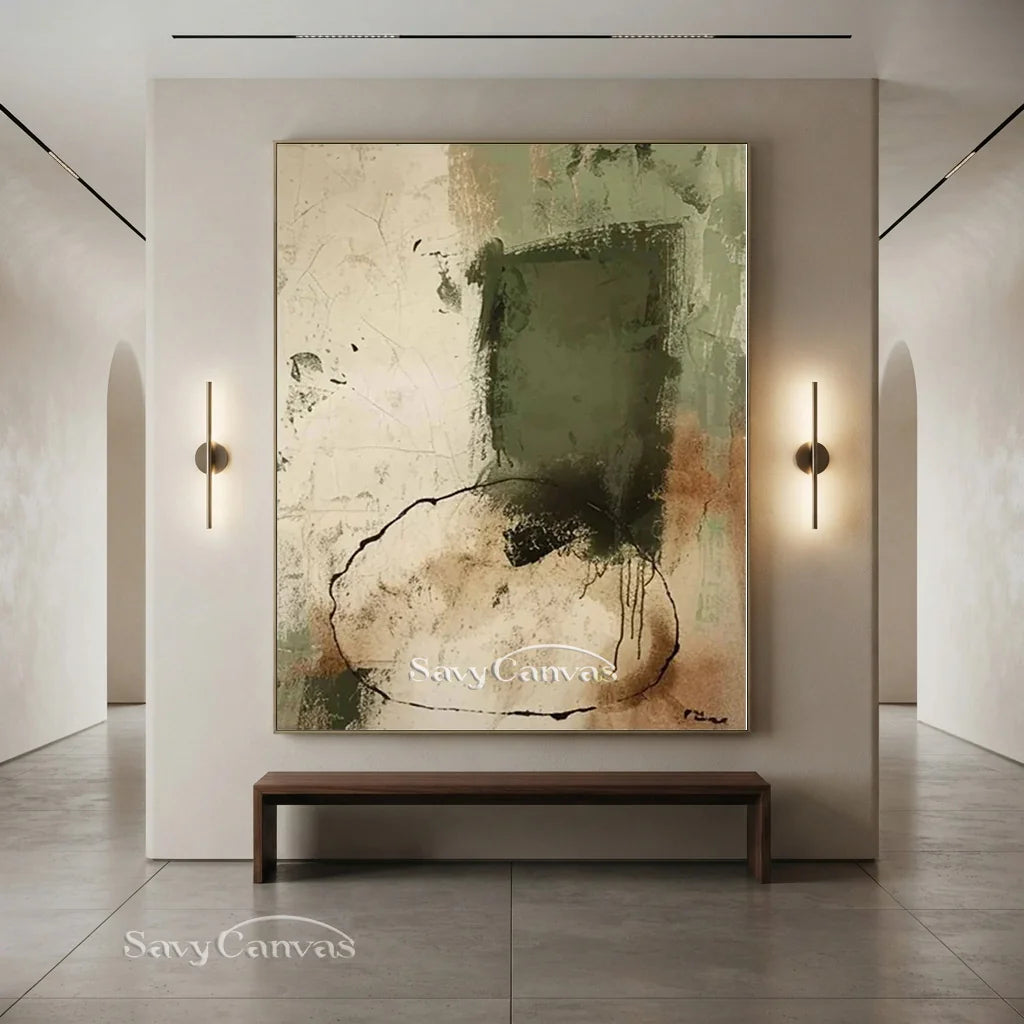 Minimalist Beige and Green Wabi Sabi Art for Contemporary Design #TC 021