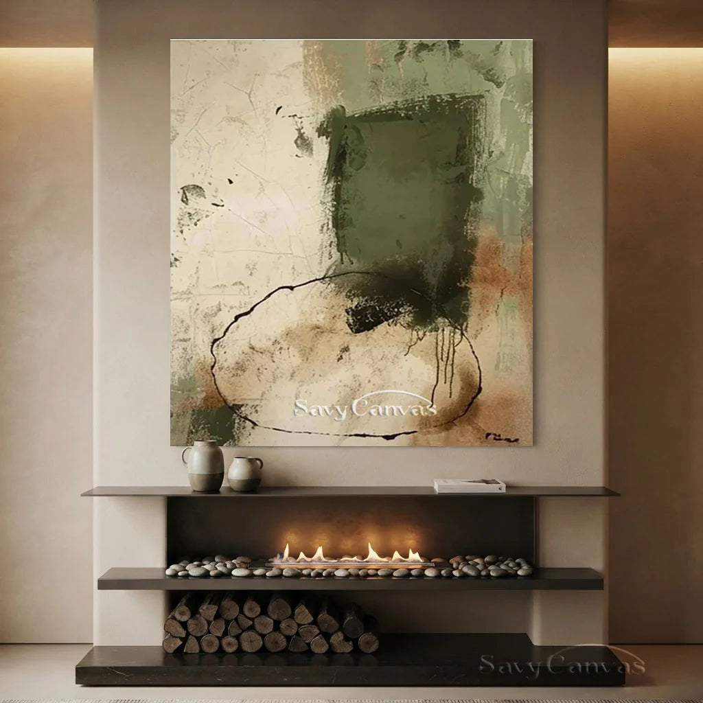 Minimalist Beige and Green Wabi Sabi Art for Contemporary Design #TC 021