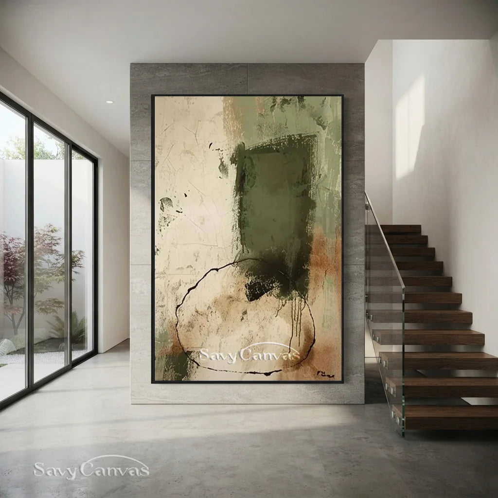 Minimalist Beige and Green Wabi Sabi Art for Contemporary Design #TC 021