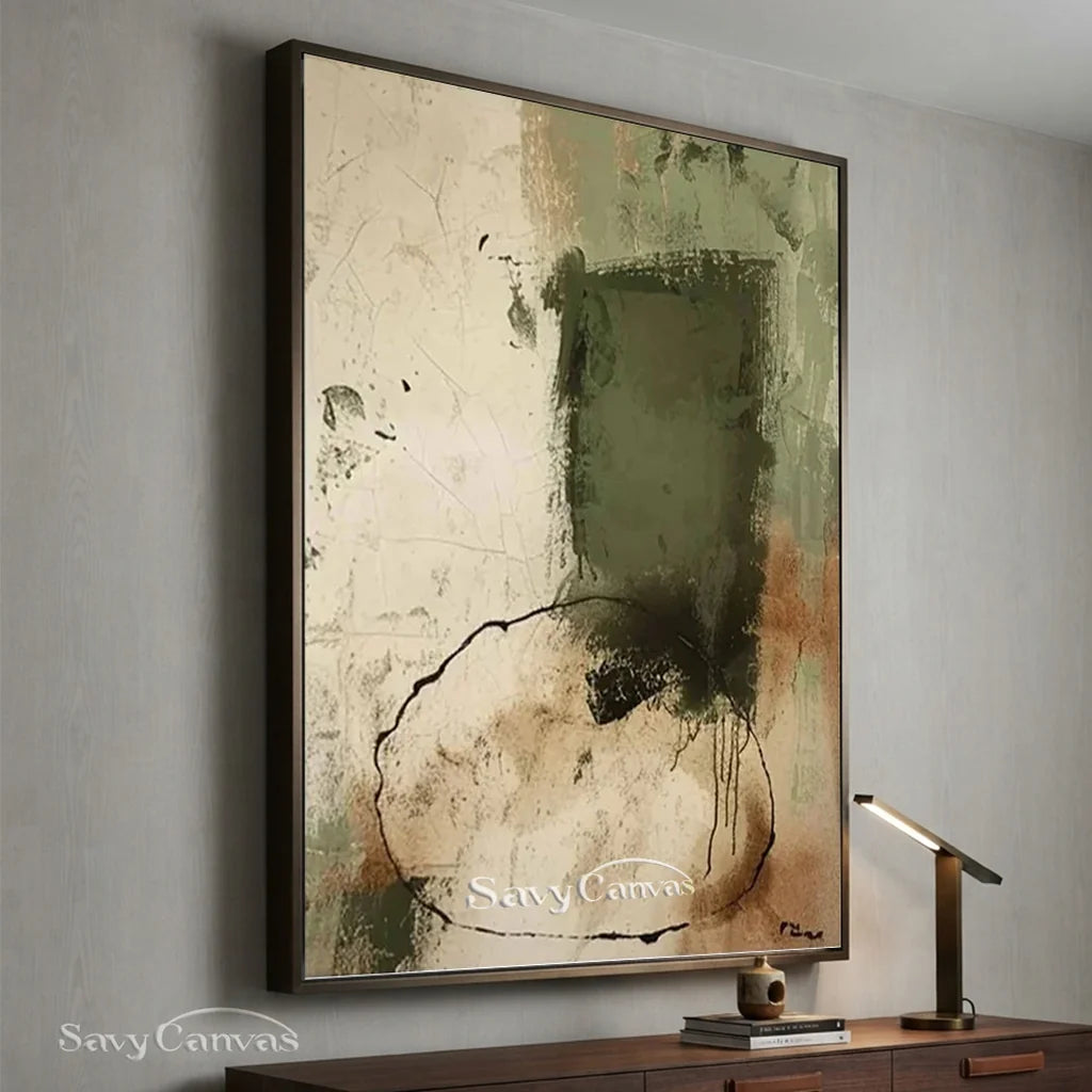 Minimalist Beige and Green Wabi Sabi Art for Contemporary Design #TC 021