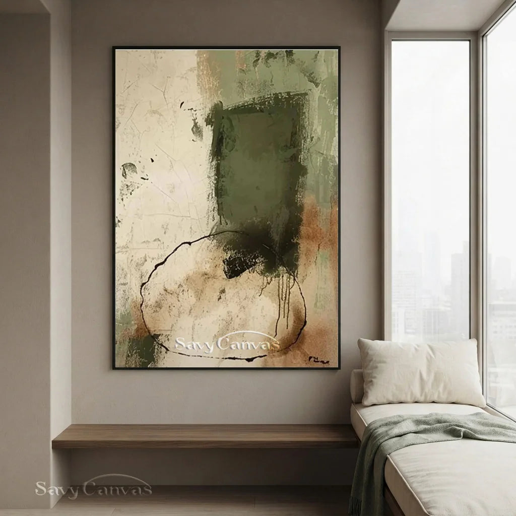 Minimalist Beige and Green Wabi Sabi Art for Contemporary Design #TC 021