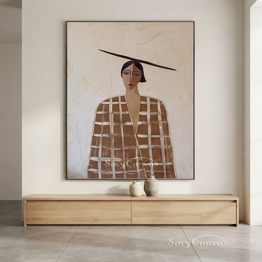 Retro Earthy Brown Plaid Coat Woman Portrait Painting #SS 215