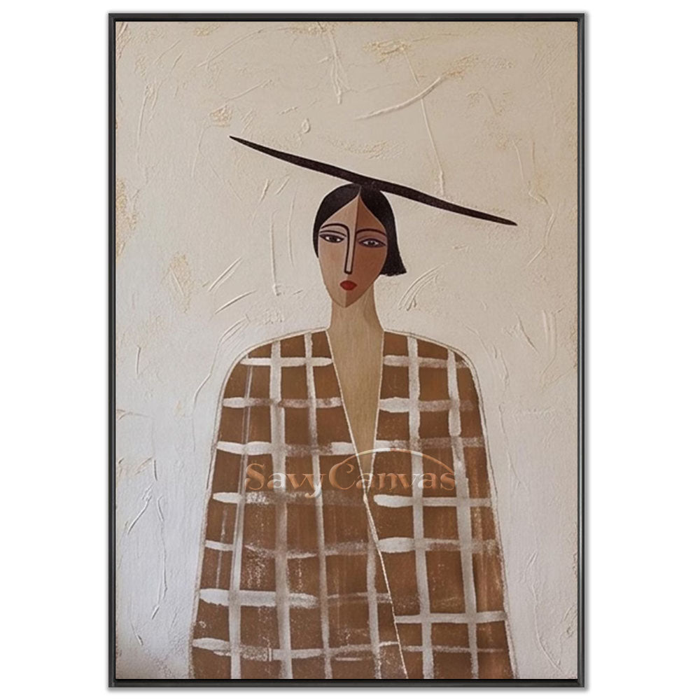 A 100% handmade modernist abstract oil painting with a heavy textured ivory white backdrop, depicting a minimalist portrait of an elegant woman with a unique thin horizontal hair accessory, dressed in a brown and white plaid geometric coat.