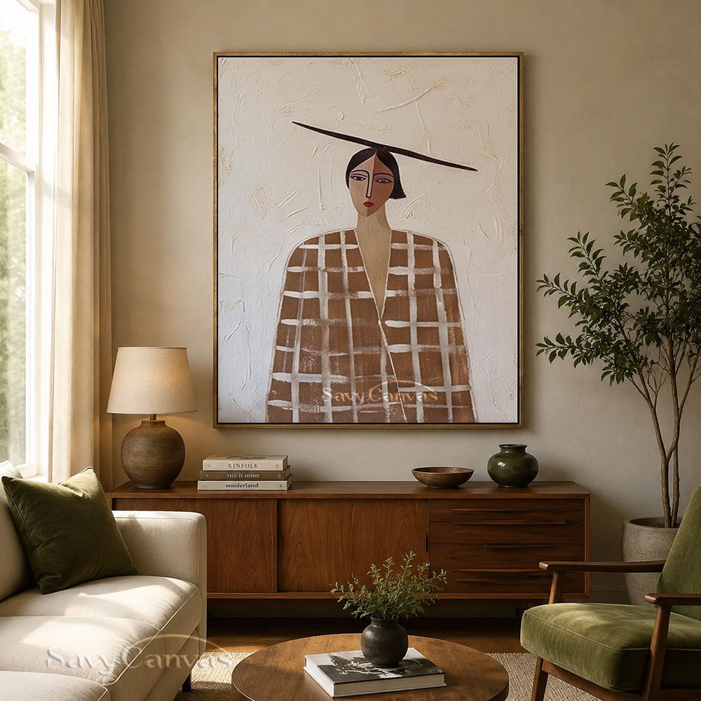 Retro Earthy Brown Plaid Coat Woman Portrait Painting #SS 215