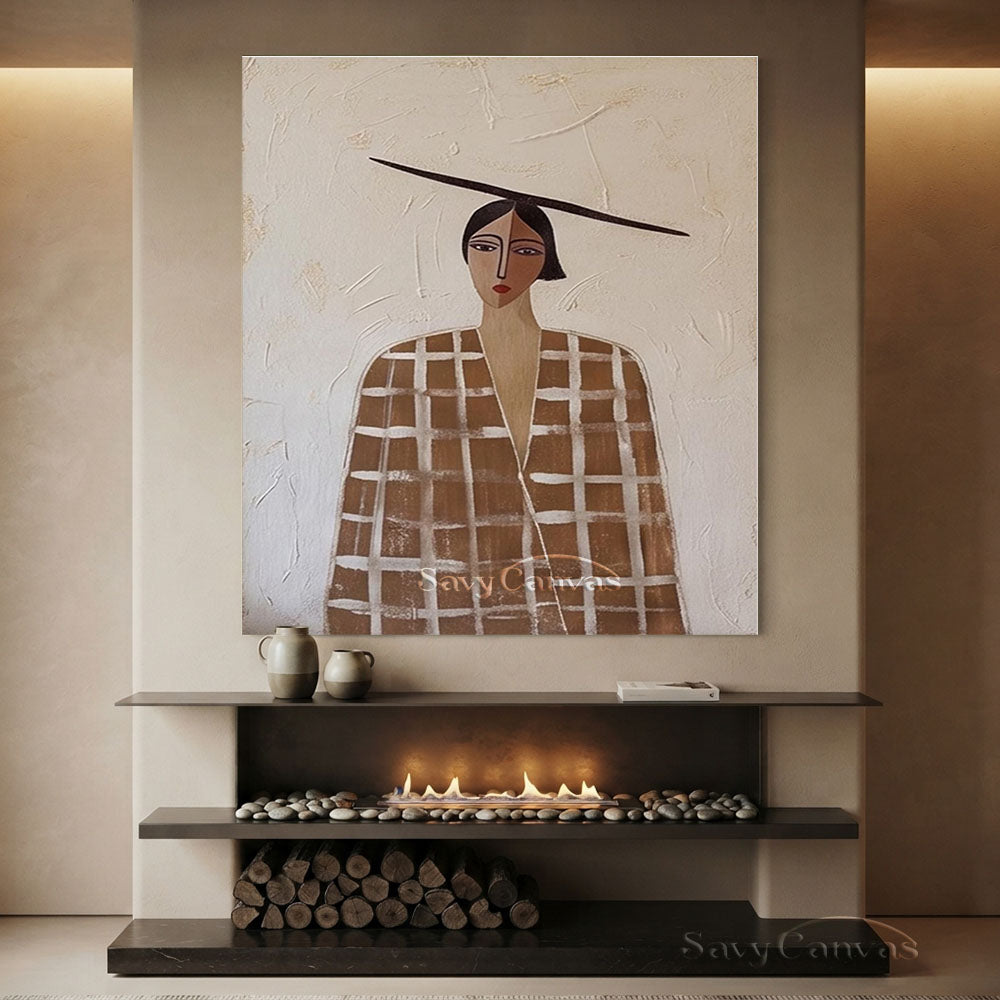 Retro Earthy Brown Plaid Coat Woman Portrait Painting #SS 215