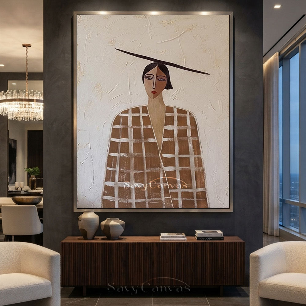 Retro Earthy Brown Plaid Coat Woman Portrait Painting #SS 215