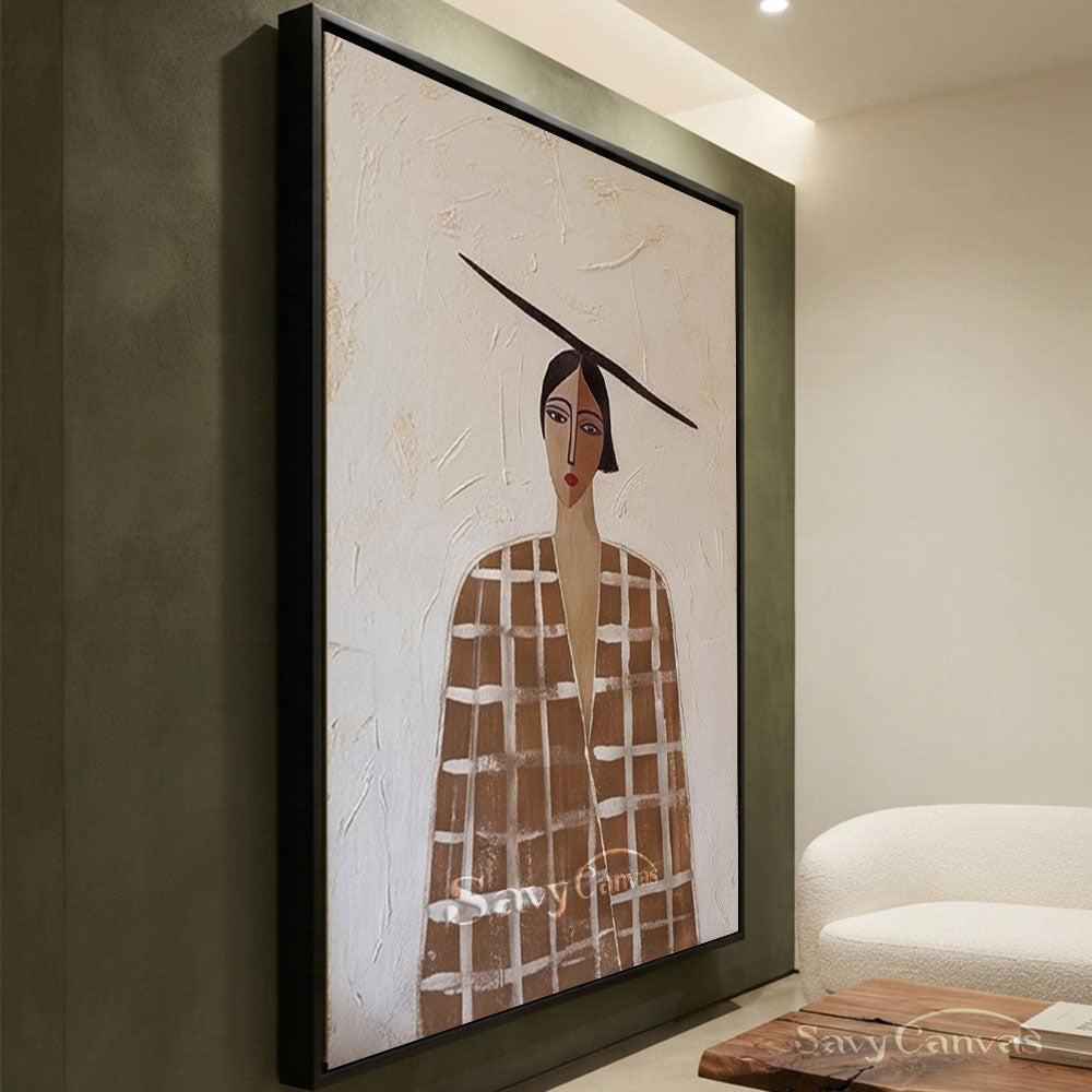 Retro Earthy Brown Plaid Coat Woman Portrait Painting #SS 215