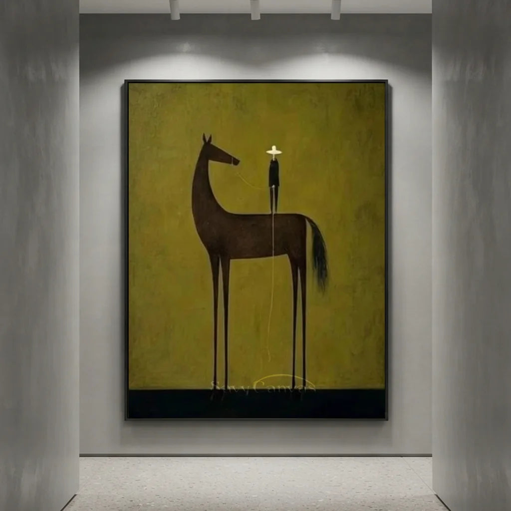 Handmade Minimalist Equestrian Oil Painting, Olive Art #SS 335