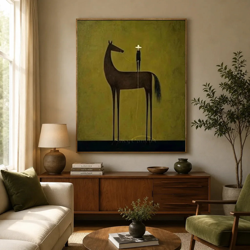 100% handmade minimalism equestrian oil painting in olive and earth tones featuring a horse and rider, displayed above a wooden credenza in a boho living room by Savy Canvas.