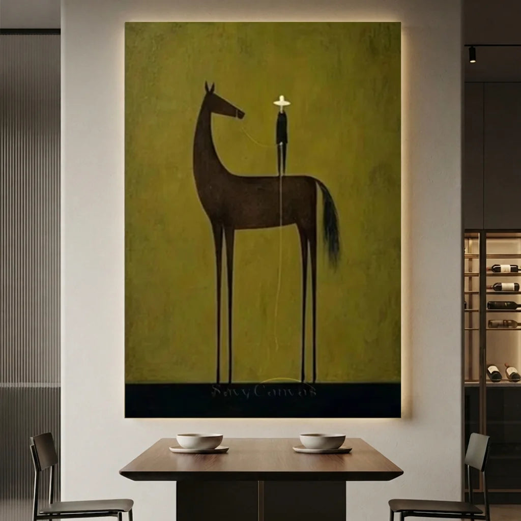 Handmade Minimalist Equestrian Oil Painting, Olive Art #SS 335