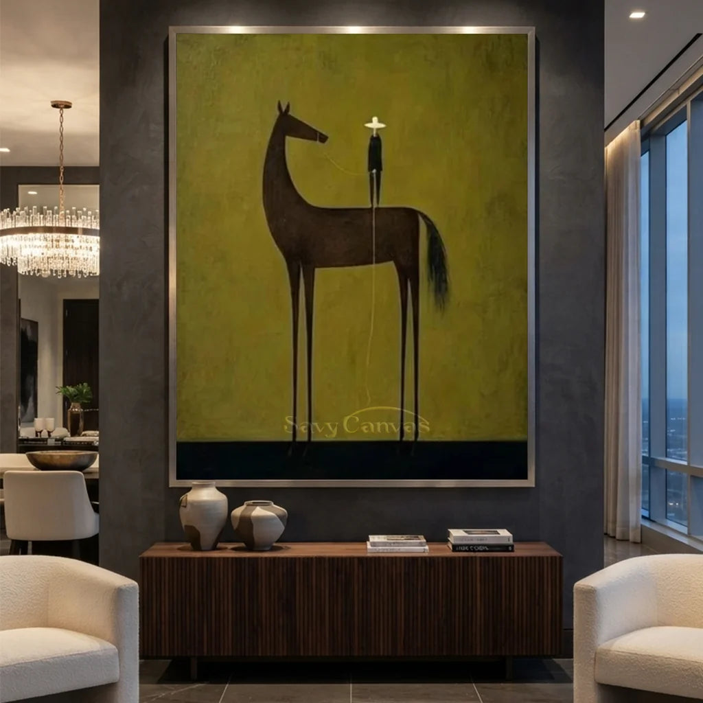 Handmade Minimalist Equestrian Oil Painting, Olive Art #SS 335